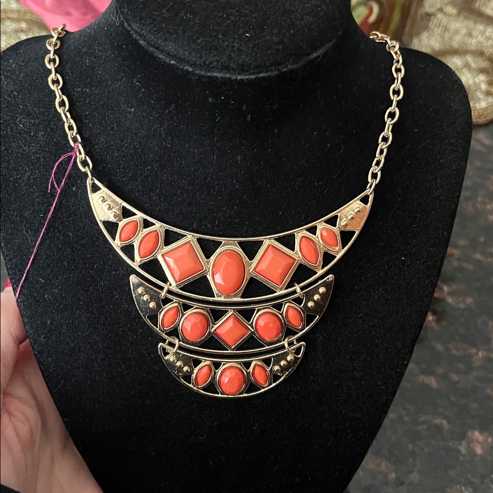 Gold and Peach/Orange Colored Statement Necklace with Different Shape Stones